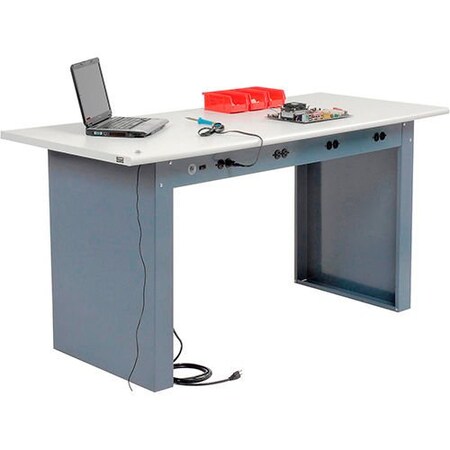 Global Industrial Panel Leg Workbench w/ESD Safety Edge Top & Power Apron, 72inW x 30inD, Gray 250229